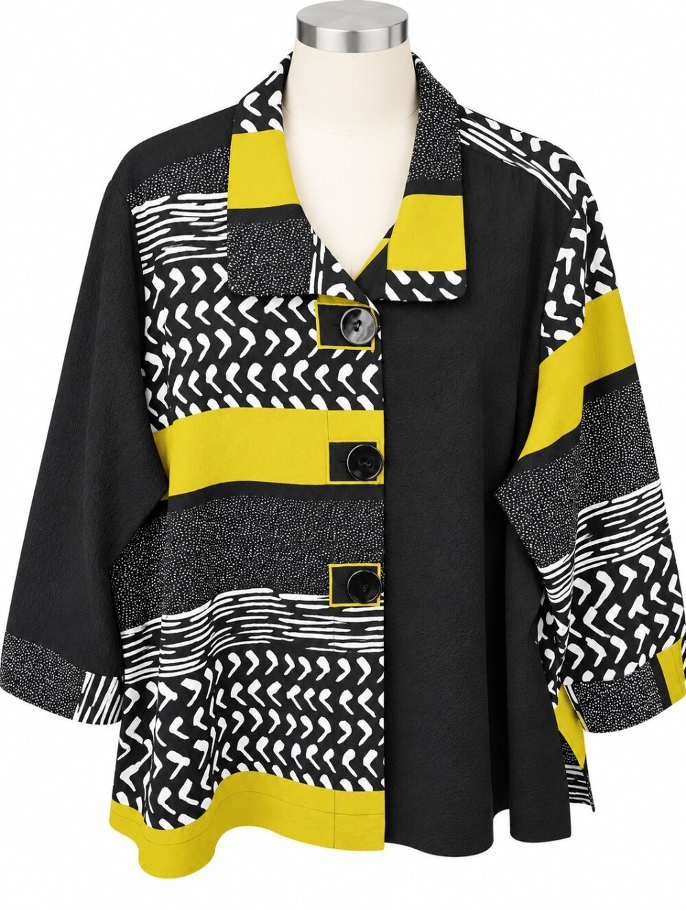 Ali Miles Jacket 3X Women Plus Black White Mustard Yellow Abstract Artsy Button